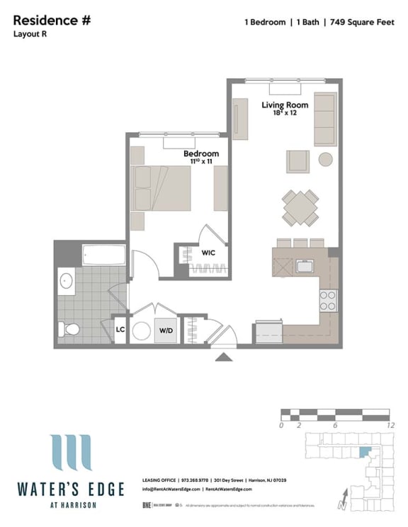 Layout R 1 Bed 1 Bath Floor Plan at Water&#x27;s Edge, New Jersey, 07029