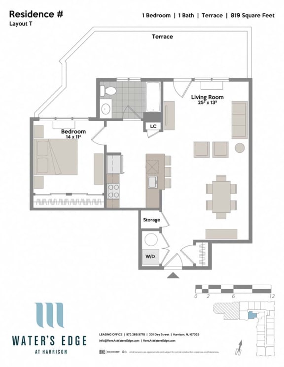 Layout T-T 1 Bed 1 Bath Floor Plan at Water's Edge, Harrison, New Jersey