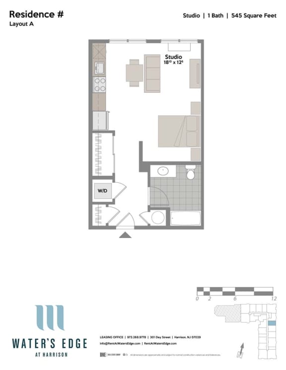 Studio Floor Plan at Water&#x27;s Edge, Harrison, 07029