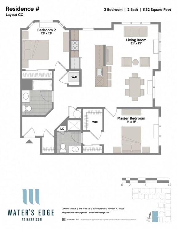 Floor Plan  Layout CC 2 Bed 2 Bath Floor Plan at Water&#x27;s Edge, Harrison, NJ, 07029