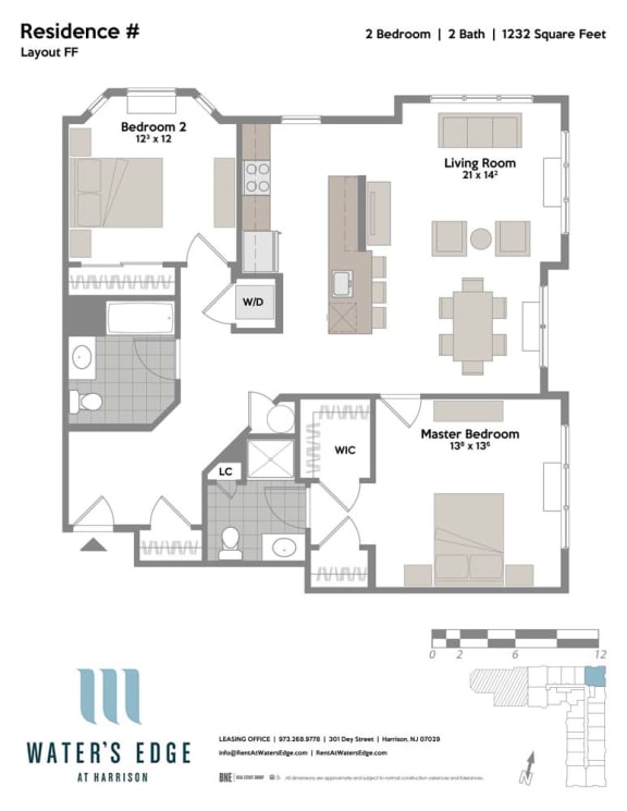 Layout FF 2 Bedroom 2 Bathroom Floor Plan at Water's Edge, New Jersey, 07029