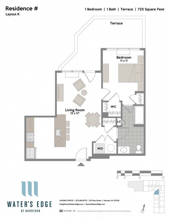 Layout K-T 1 Bed 1 Bath Floor Plan at Water&#x27;s Edge, Harrison, New Jersey