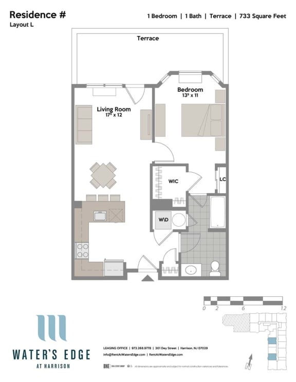 Layout L-T 1 Bedroom 1 Bathroom Floor Plan at Water&#x27;s Edge, New Jersey