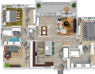 3D McCullouch 3 Bedroom floorplan. L-shaped kitchen with island and pantry. open to dining-living area. 1st shared bath with double sinks and tub. 2nd bath with double sinks. walk-in closets. Balcony