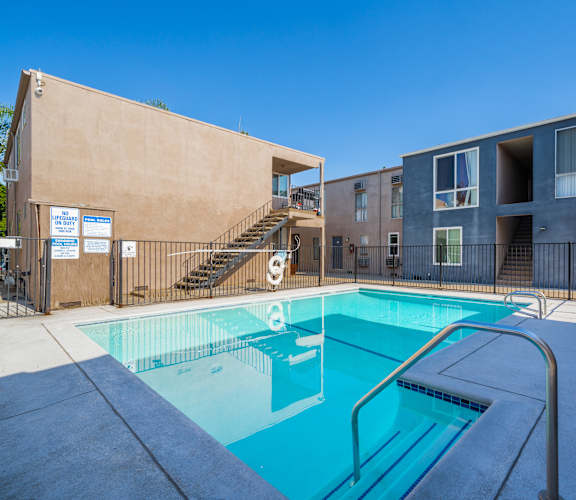 our apartments have a swimming pool and a building with stairs