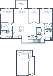 A floor plan of a building with multiple rooms and labeled areas.