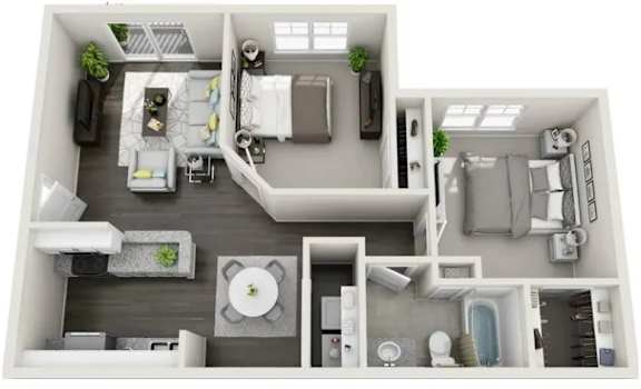 A top-down view of a modern, well-organized apartment with a kitchen, living room, and bathroom.