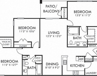 Sunny June. 3 bedroom apartment. Kitchen with bartop open to living/dinning rooms. 2 full bathroom, double vanity in master. Walk-in closets. Patio/balcony.