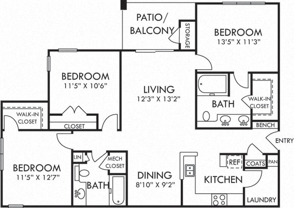 Sunny June. 3 bedroom apartment. Kitchen with bartop open to living/dinning rooms. 2 full bathroom, double vanity in master. Walk-in closets. Patio/balcony.