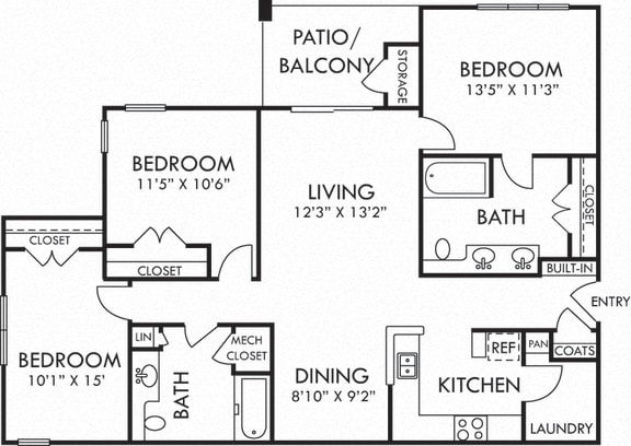 Sweetgrass. 3 bedroom apartment. Kitchen with bartop open to living/dinning rooms. 2 full bathroom, double vanity in master. Walk-in closets. Patio/balcony.