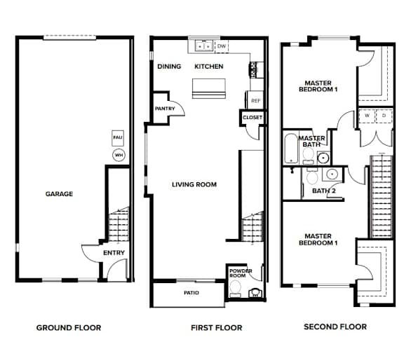 A floor plan of a house showing the layout of the ground floor, first floor, and second floor.