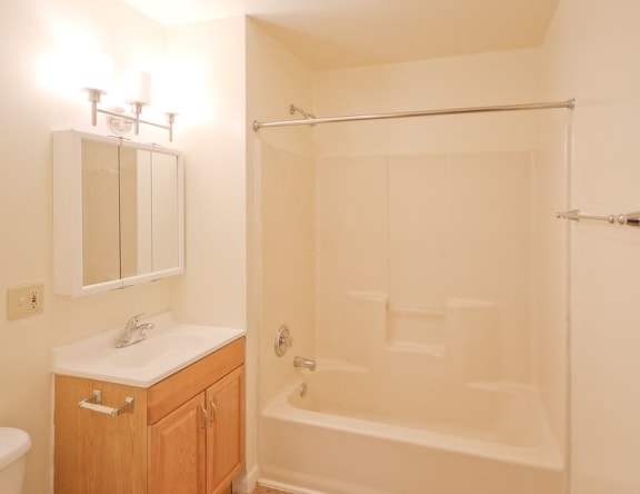 bathroom with wooden cabinet and white walls