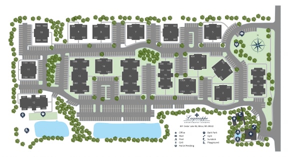 a site plan of a parking lot and buildings at Lagniappe of Biloxi Apartment Homes, Biloxi, MS, Mississippi