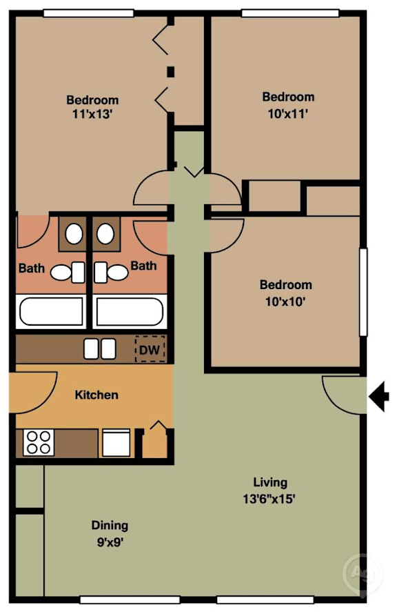 Floor Plan  3 Bed, 1 Bath 1,060 Sq.Ft. floorplan at Emerald Court, Iowa City, Iowa