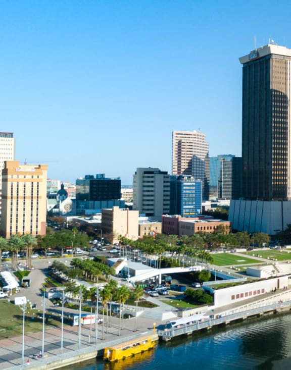 the city with the river and skyscrapers