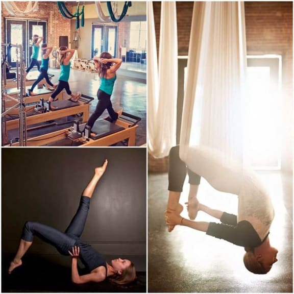 three photos of a woman doing yoga in a studio