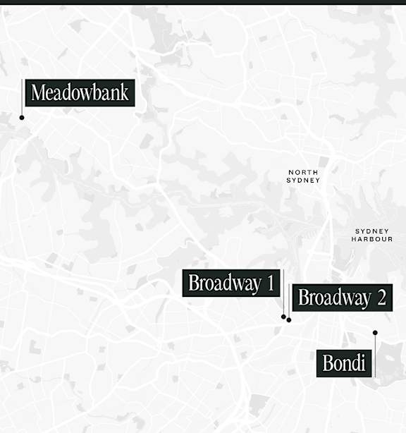 A map with labels for Meadowbank, Broadway 1 and Broadway 2, and Bondi.