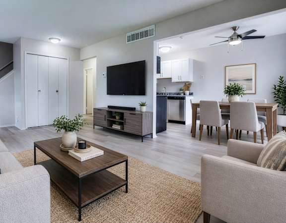 A living room with a grey couch, a coffee table, and a television.