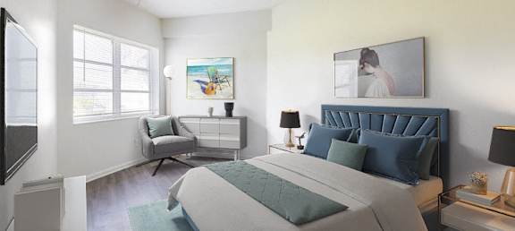 a bedroom with a bed and a dresser and a window