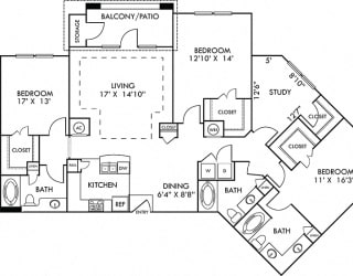 The Turin. 3 bedroom apartment with study room. Kitchen with bartop open to living/dining rooms. 2 full bathrooms, double vanity in master. Walk-in closets. Patio