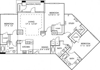 The Turin. 3 bedroom apartment with study room. Kitchen with bartop open to living/dining rooms. 2 full bathrooms, double vanity in master. Walk-in closets. Patio