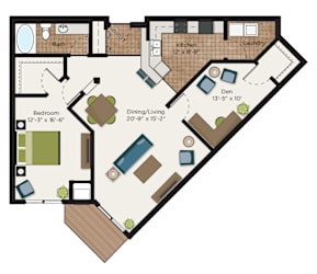 One bedroom apartment floor plan with den at The Communities of River Crossing Apartments, Minnesota