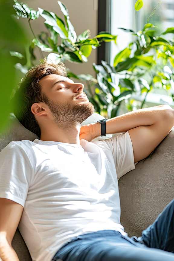 A man in a white shirt and blue jeans is resting his head on a cushion.