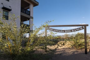 a sign for the excavation dog ranch in front of a building