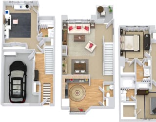 GreatScott. 2 bedroom townhome with office. Kitchen with bartop open to living/dinning rooms. 2 full bathroom + powder room. Walk-in closets. Patio/balcony.