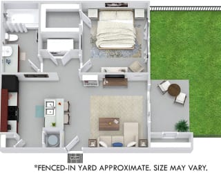 Benson with Fenced-in Yard 3D 1 bedroom apartment. Kitchen with bartop open to living room. 1 full bathroom. Walk-in closet. Patio/balcony with storage, & yard.