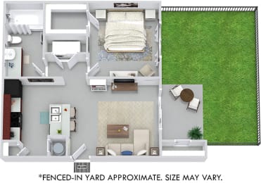 Benson with Fenced-in Yard 3D 1 bedroom apartment. Kitchen with bartop open to living room. 1 full bathroom. Walk-in closet. Patio/balcony with storage, & yard.