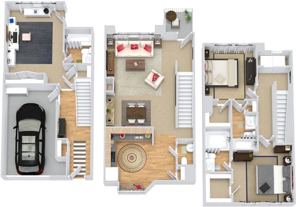 GreatScott. 2 bedroom townhome with office. Kitchen with bartop open to living/dinning rooms. 2 full bathroom + powder room. Walk-in closets. Patio/balcony.