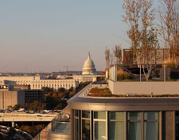 A view of the Capitol building from a rooftop.
