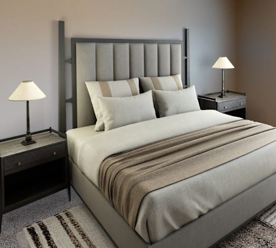 A bed with a white comforter and a striped blanket is in the center of the image.
