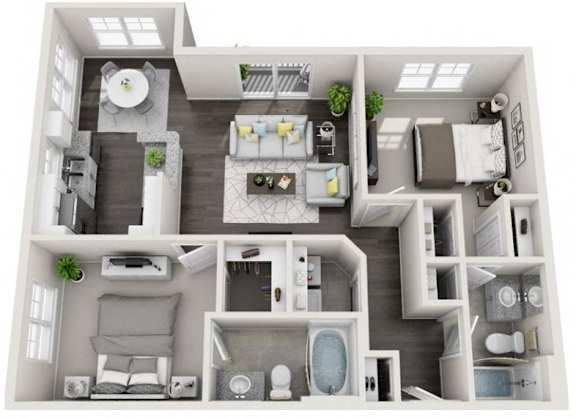 A 3D floor plan of a small apartment with a kitchen, living room, and bathroom.