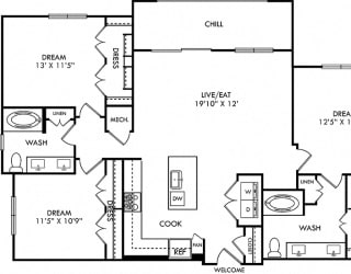 McCullouch 3 Bedroom floorplan. L-shaped kitchen with island and pantry. open to dining-living area. 1st shared bath with double sinks and tub. 2nd bath with double sinks. walk-in closets. Balcony