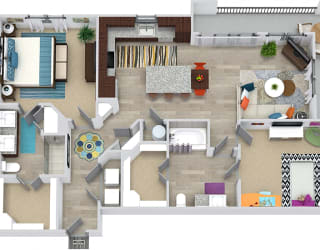 3D McNelly 2 Bedroom floorplan with hall closet, L-shaped kitchen with island, pantry cabinet, open to living,  2 baths - one with tub - one with shower, walk-in closets, in-unit washer/dryer. Balcony