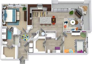 3D McNelly 2 Bedroom floorplan with hall closet, L-shaped kitchen with island, pantry cabinet, open to living,  2 baths - one with tub - one with shower, walk-in closets, in-unit washer/dryer. Balcony