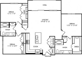 McCullouch McCullouch 3 Bedroom floorplan. L-shaped kitchen with island and pantry. open to dining-living area. 1st shared bath with double sinks and tub. 2nd bath with double sinks. walk-in closets. Balcony