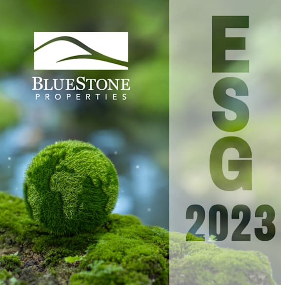 A moss-covered rock with the logo of BlueStone Properties and the year 2023.