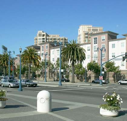 a city street with cars and palm trees and buildings