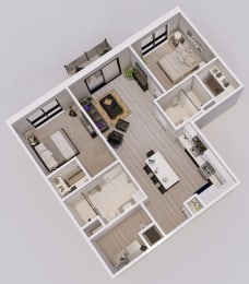 Tuxedo Style B - 2 bed, 2 bath apartment 3D floor plan