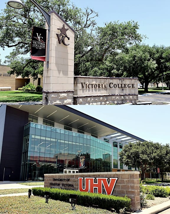 The image shows the entrance to Victoria College and the University of Houston-Victoria.