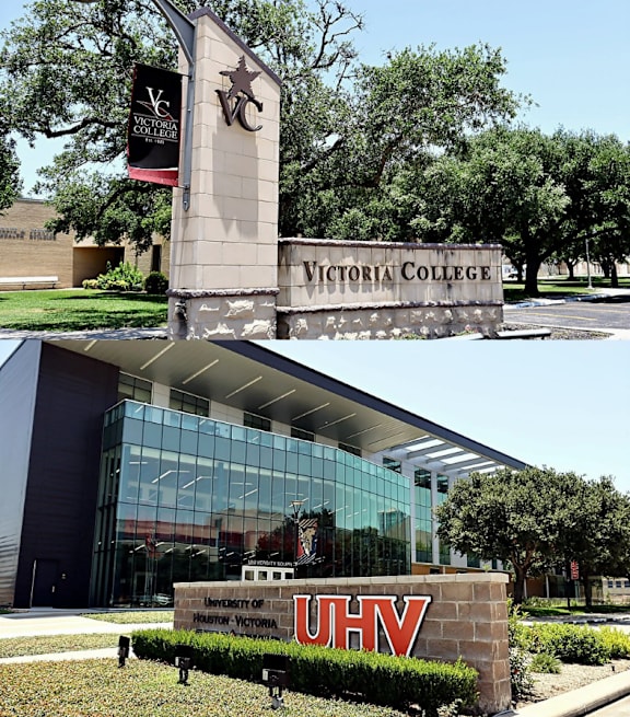 The image shows the entrance to Victoria College and the University of Houston-Victoria.