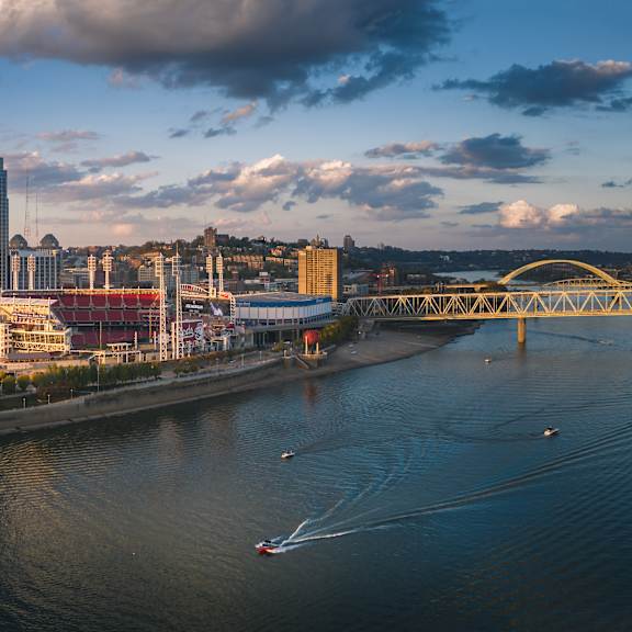A cityscape with a river running through it.