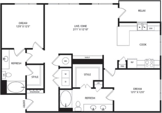 2 bedroom, 2 bath floorplan. Large entry with mudroom. Washer/dryer. Living/dining area with built-in shelving. open to kitchen with peninsula island. dual sink vanity in primary bedroom. Balcony.