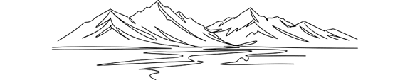 A black and white drawing of a mountain range with a river flowing through it.