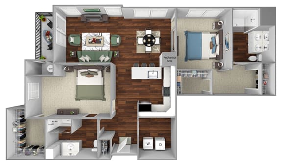 B10 - 2 Bed - 2 Bath - The Airdrie at Paoli Station - 3D Floor Plan