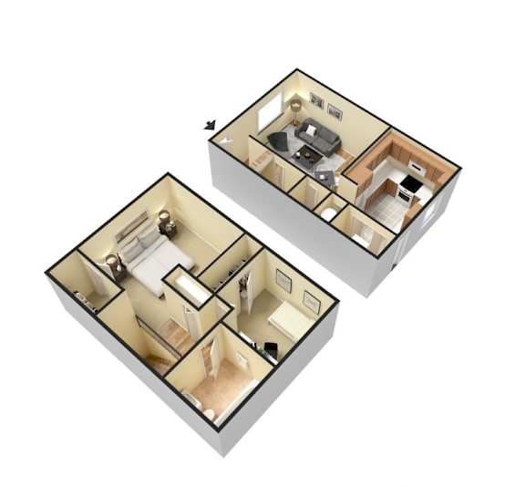 A 3D image of two different floor plans of a house.