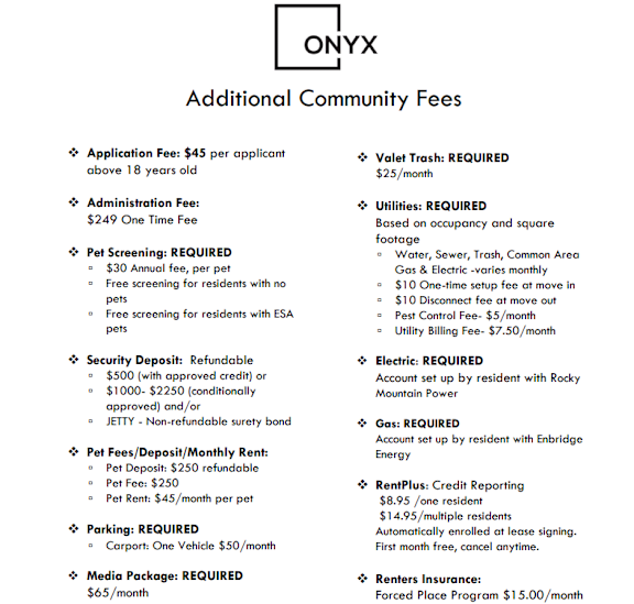 A flyer detailing the additional community fees for ONYX.